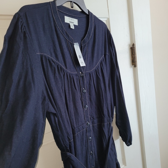 Linen/Denim Mix Knee Dress with Belt to Bow - Picture 2 of 4